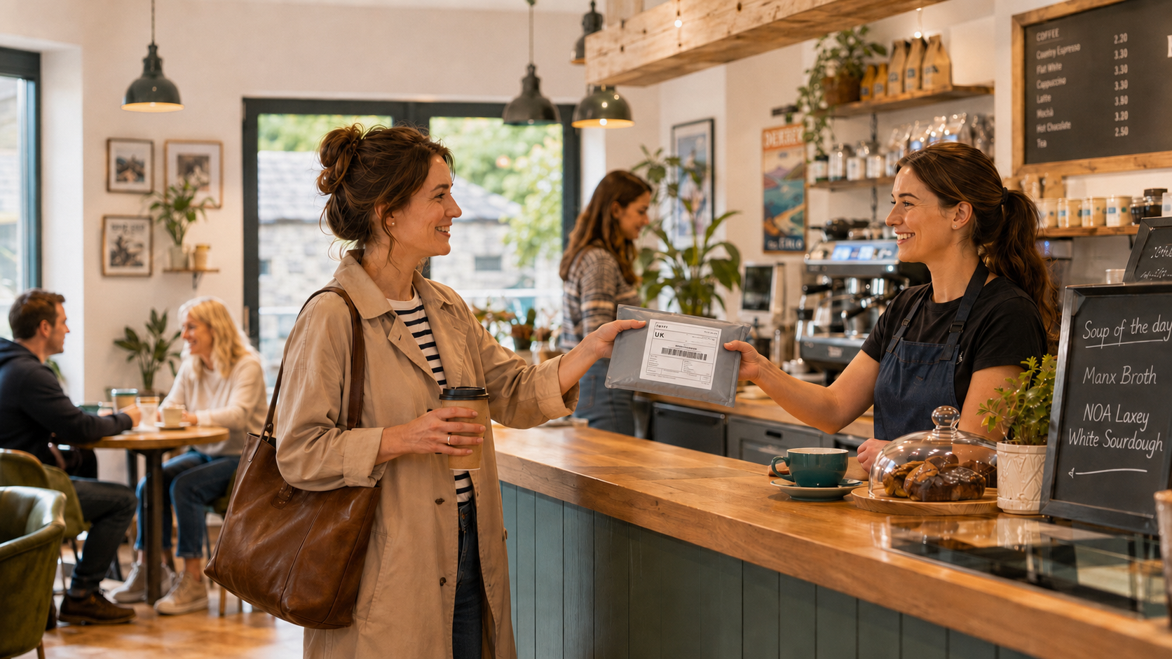 Customer handing a labelled parcel to staff at a local café while collecting a takeaway coffee
