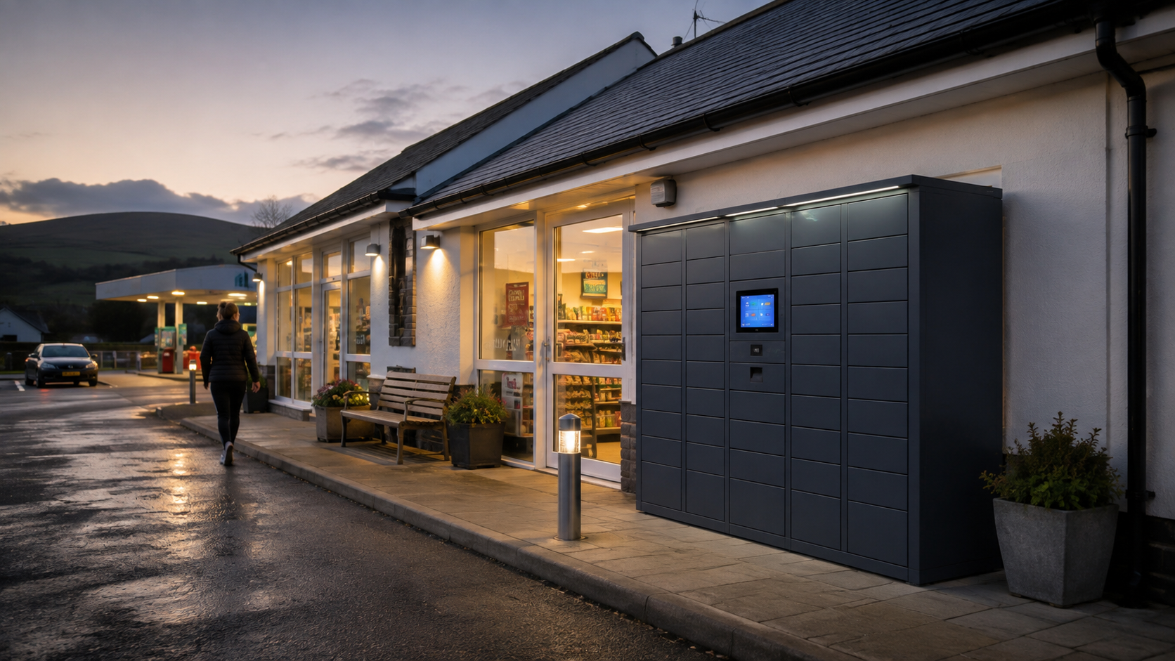 Parcel locker positioned outside a convenience store for independent customer access