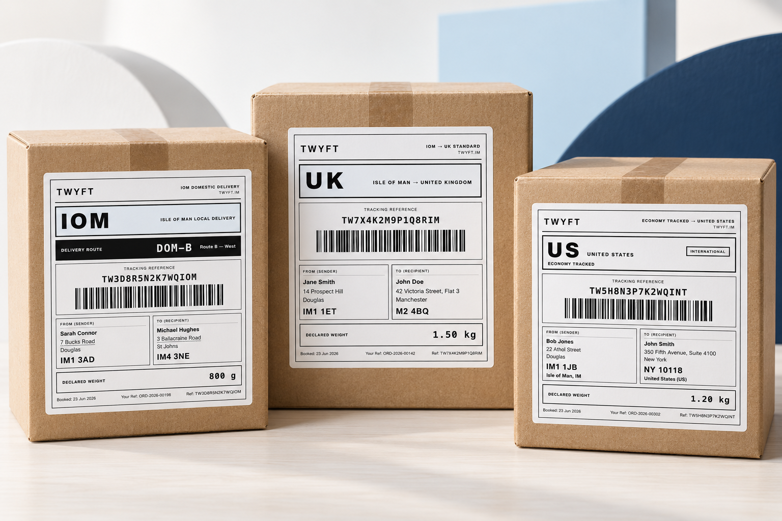 Three Twyft parcels representing Isle of Man, UK and International delivery services